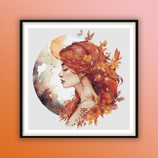 Watercolor Fall Fairy and Moon Counted Cross Stitch PDF Pattern, Floral Fairy, Autumn Fall Leaves, Modern Cross Stitch, Hand Embroidery