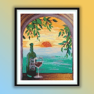Aquarel zomer zonsondergang en wijnlandschap getelde kruissteek pdf-patroon, kust zonsondergang landschap, zeegezicht, handborduurwerk