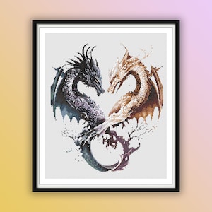 Watercolor Yin Yang Dragons Cross Stitch Pattern: Japanese-Inspired Embroidery PDF for Modern Crafters