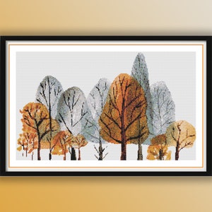Aquarel herfst bomen geteld kruissteek pdf-patroon, hallo herfst, seizoenslandschappen, herfstbos, herfstbladeren, handborduurwerk