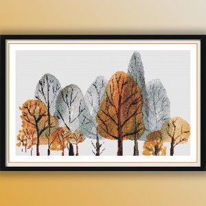 Watercolor Autumn Trees Counted Cross Stitch PDF Pattern, Hello Fall, Seasonal Landscapes, Autumn Forest, Fall Leaves, Hand Embroidery