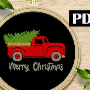 Vintage Christmas Red Truck with Tree Counted Cross Stitch PDF Pattern - Instant Download
