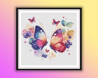 Watercolor Valentine Butterflies Counted Cross Stitch PDF Pattern, Pink Butterfly, Boho Butterfly, Instant Download, Needlepoint, Embroidery