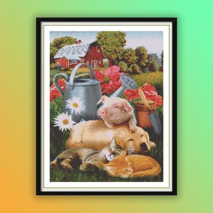 Modèle de point de croix aquarelle animaux de la ferme rustique - meilleurs amis cochon, chien, chats à la grange rouge PDF