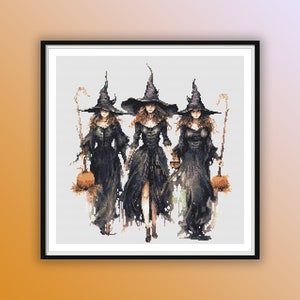 Aquarel Halloween heksen getelde kruissteek pdf-patroon, spookachtige halloween, moderne kruissteekkaart, handborduurwerk