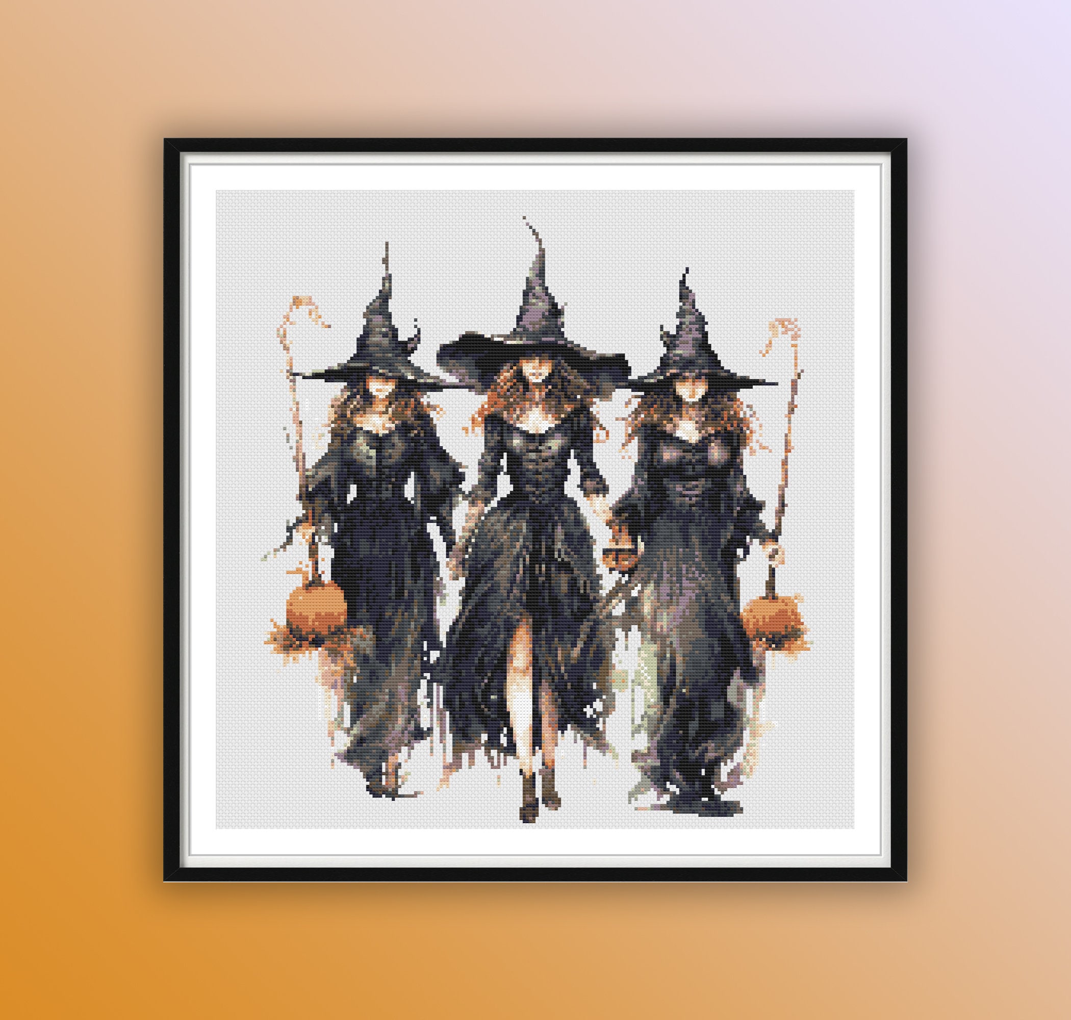 Spooky Watercolor Witches Halloween Cross Stitch Pattern - Modern PDF Chart for Hand Embroidery