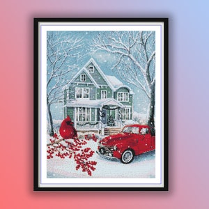 Weihnachtshaus und roter LKW Kreuzstich PDF Muster, Winterlandschaft, Winterwald, Schneelandschaft, Weihnachten Kardinal und Jolly