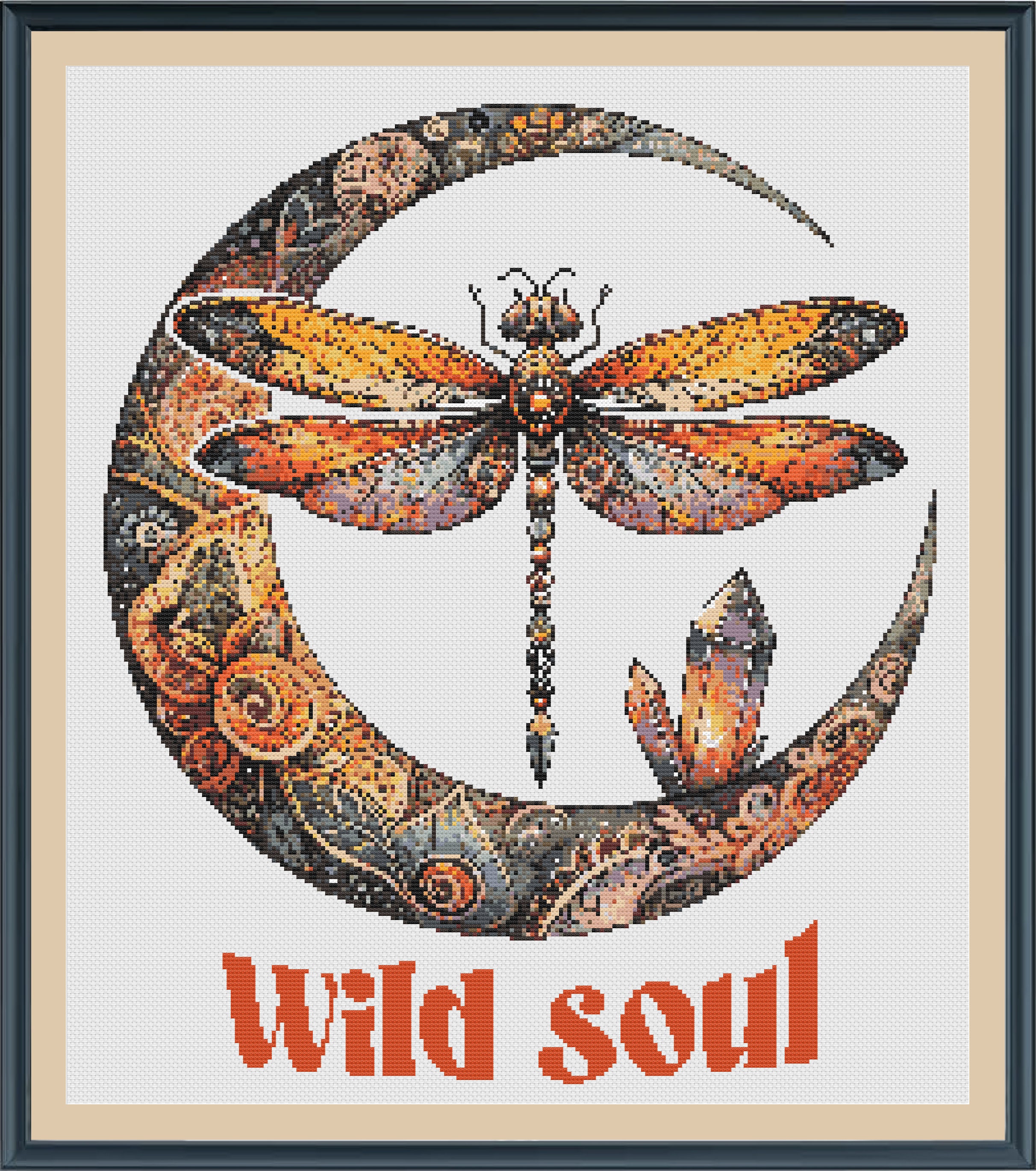 水彩トンボのクロスステッチパターン：ワイルドソウルの引用句刺繍