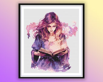 Enchanting Purple Witch Halloween Cross Stitch Pattern - Watercolor PDF Chart for Modern Embroidery