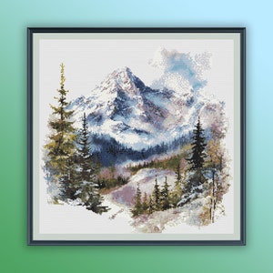 Aquarell Wald und Berge Kreuzstich PDF Muster, Schneebedeckte Berge, Winterlandschaft, Handstickerei