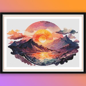 Aquarel bergen zonsopgang landschap geteld kruissteek pdf-patroon, meer en bergen, zomerzonsopgang, handborduurwerk, borduren