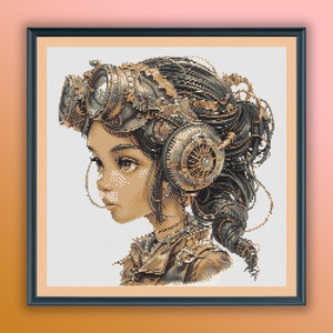 Aquarel steampunk meisje getelde kruissteek pdf-patroon, moderne kruissteekkaart, handborduurwerk