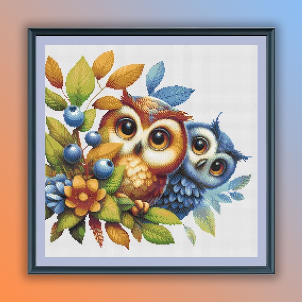 Watercolor Cute Peeking Owls Counted Cross Stitch PDF Pattern, Valentine Owls, Hand Embroidery, Modern Cross Stitch Chart