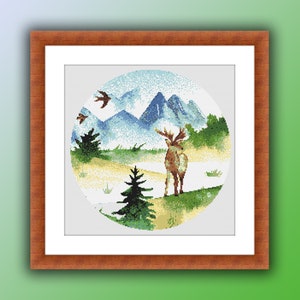 Aquarell Frühling Berge und Hirschlandschaft Kreuzstich PDF Muster, Regenwald Kreuzstichmuster, moderne Kreuzstichvorlage