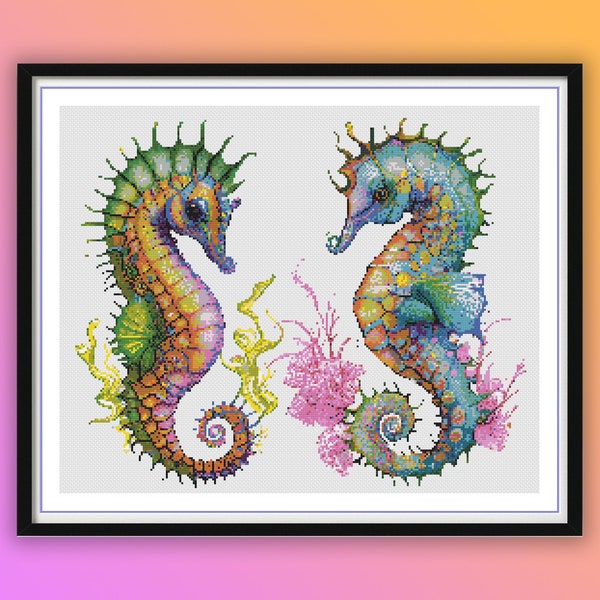 Watercolor Seahorses Counted Cross Stitch PDF Pattern, Ocean Animals, Underwater Life, Modern Cross Stitch, Hand Embroidery