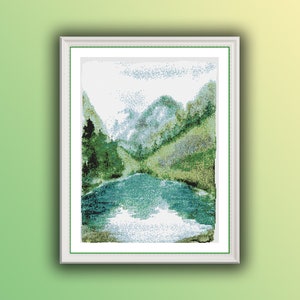 Rivier- en bergenlandschap pdf getelde kruissteekpatroon, digitale kruissteekkaart, bos-pdf, vier seizoenen