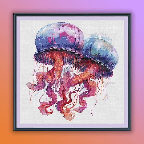 Patrón de punto de cruz de medusas de acuarela vibrantes: Vida oceánica (PDF) para entusiastas del bordado moderno