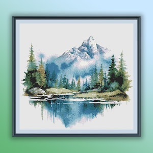 Aquarell See und Wald Kreuzstich PDF Muster, nebelige Berge Landschaft, moderne Kreuzstichvorlage, Handstickerei