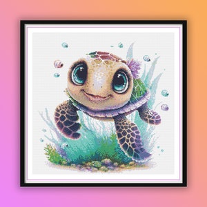 Patrón de punto de cruz en PDF de tortuga marina para niña en acuarela, animales de guardería, vida submarina, tesoros marinos, bebé Caretta Caretta