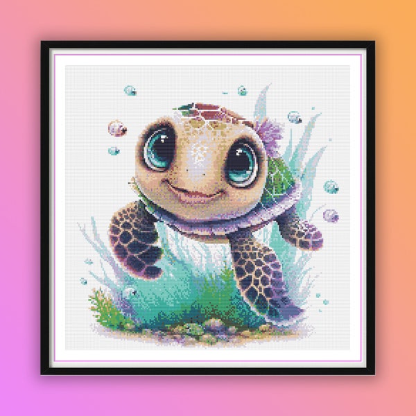 Watercolor Baby Girl Sea Turtle Counted Cross Stitch PDF Pattern, Nursery Animals, Underwater Life, Sea Treasures, Baby Caretta Caretta