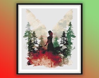Silueta de un encantador ángel navideño en un bosque de pinos - Patrón de punto de cruz en PDF para manualidades navideñas