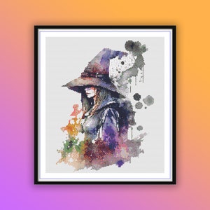 Aquarel halloween heks silhouet getelde kruissteek pdf-patroon, halloweenlandschap, moderne kruissteekkaart, handborduurwerk