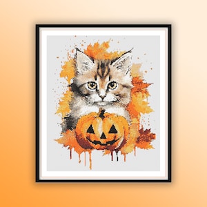 Whimsical Halloween Cat with Pumpkin Watercolor Cross Stitch Pattern - Autumn Embroidery PDF