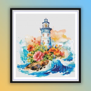 Watercolor Lighthouse Floral Cross Stitch Pattern: Seascape Embroidery (PDF Pattern)
