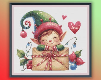Grillige vakantie-elf aquarel kruissteek pdf-patroon