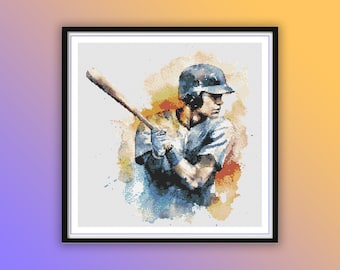 Patrón de punto de cruz de jugador de béisbol en acuarela: bordado a mano moderno en PDF para entusiastas del deporte