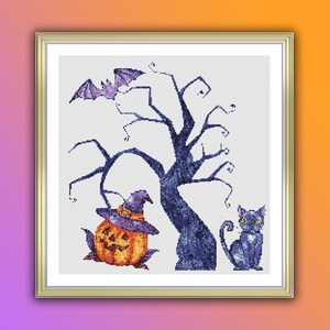 Halloween Cross Stitch Pattern: Pumpkins, Cat & Spooky Scenes - PDF Instant Download