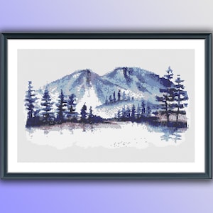 Aquarel bergen landschap geteld kruissteek pdf-patroon, pijnbomen kruissteekpatroon, direct downloaden