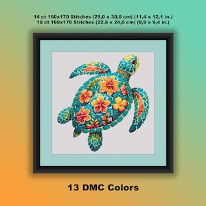 Geteld pdf-patroon kruissteek, aquarel bloemen zeeschildpad, Caretta Caretta, moderne kruissteekkaart, handborduurwerk