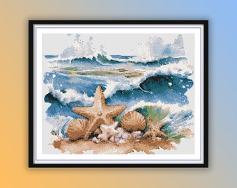 Watercolor Seascape Cross Stitch Pattern: Beach Scene with Starfish and Shells PDF