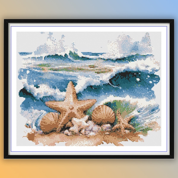 Watercolor Sea Stars and Shells at Wavy Beach Counted Cross Stitch PDF Pattern, Ocean Landscape, Marine Cross Stitch, Hand Embroidery