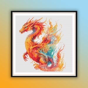 Modèle de point de croix aquarelle dragon de feu : motif japonais Yin Yang pour broderie à la main