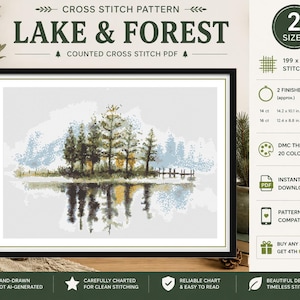 Op de afbeelding: Een geteld kruissteek PDF-patroon getiteld Lake & Forest met een landschap van bomen weerspiegeld in water. Het ontwerp gebruikt 20 DMC-draadkleuren en bevat twee afgewerkte formaten: 36,1 x 25,6 cm en 31,6 x 22,4 cm.