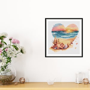 Watercolor Romantic Sunset on The Beach Counted Cross Stitch PDF Pattern, Sea Treasures, Sunset and Palm Trees, Hand Embroidery image 7