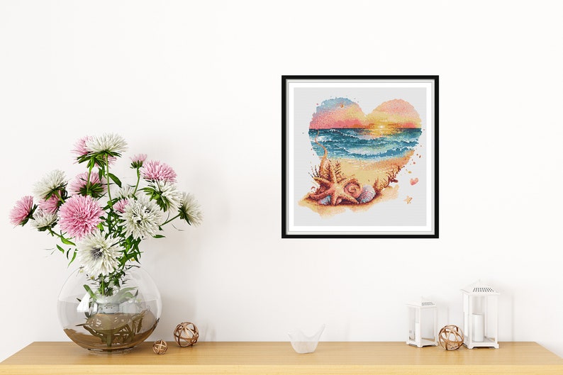 Watercolor Romantic Sunset on The Beach Counted Cross Stitch PDF Pattern, Sea Treasures, Sunset and Palm Trees, Hand Embroidery image 7