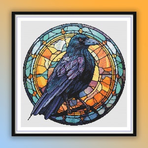 Gothic Raven Cross Stitch Pattern: Stained Glass Bird Embroidery (PDF Pattern