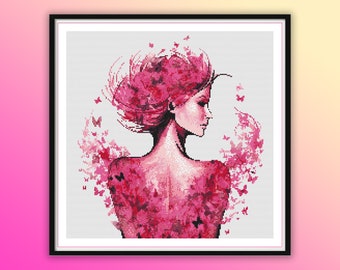 Watercolor Lady and Pink Butterflies Counted Cross Stitch PDF Pattern, Breast Cancer Awareness, Modern Cross Stitch Chart, Hand Embroidery