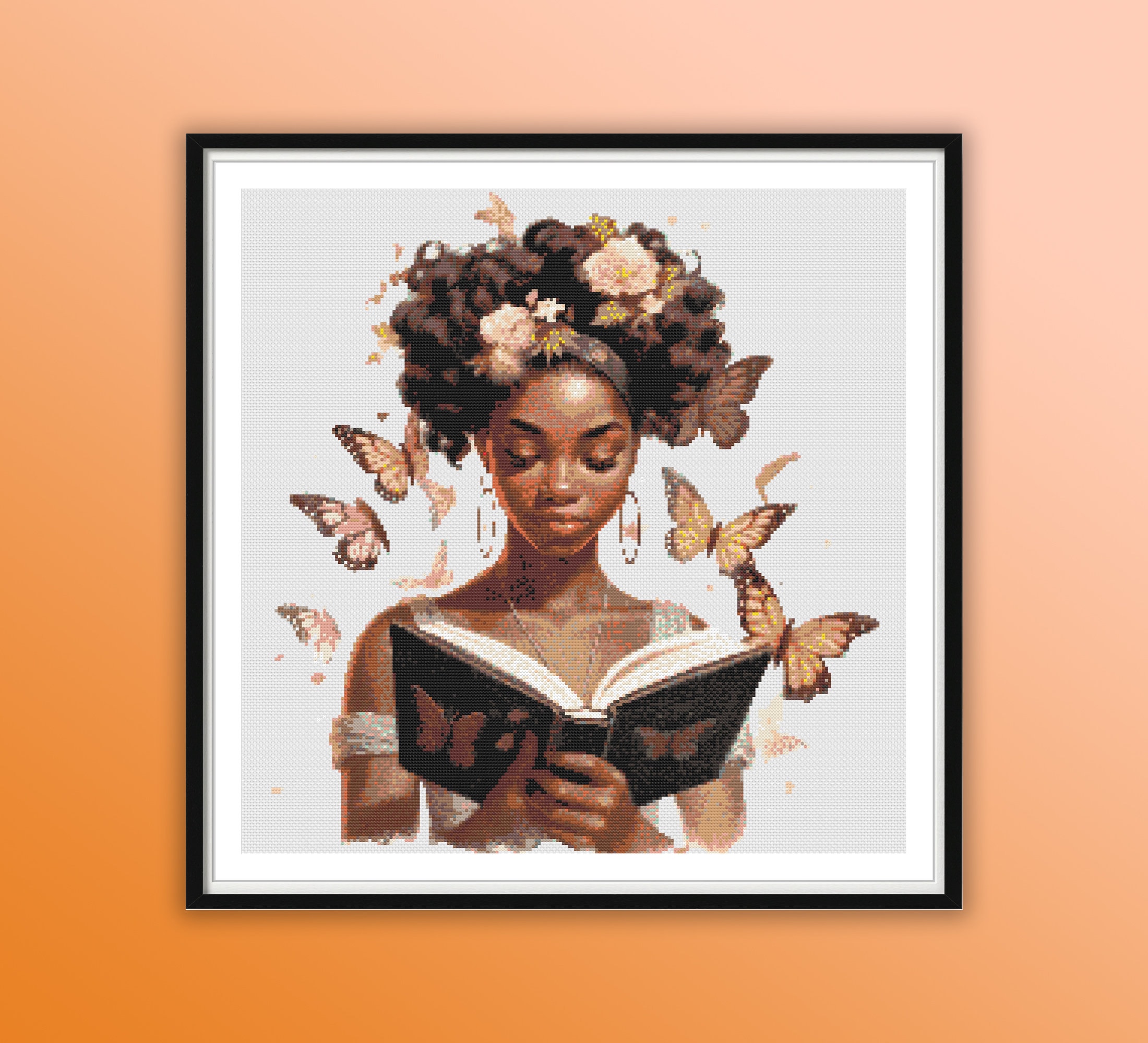 アフロガール・ブックワーム水彩クロスステッチパターン：蝶、モダン