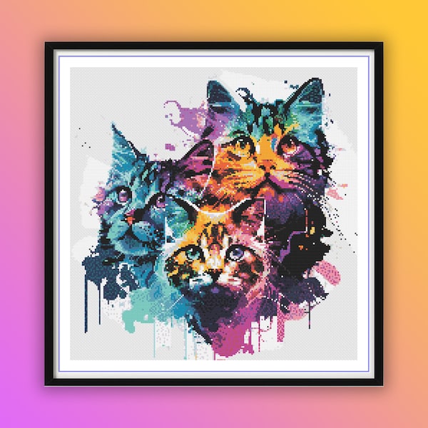 Aquarell Katzenporträt Kreuzstichmuster - impressionistisches Tier PDF Chart für moderne Handwerker