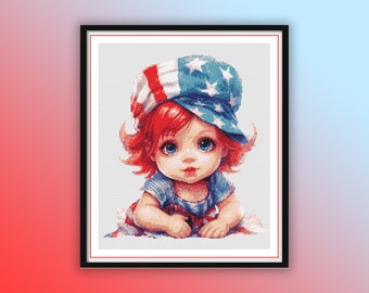 Watercolor 4th of July Cute Patriot Baby Counted Cross Stitch PDF Pattern, USA Patriotic Cross Stitch, Independence Day Hand Embroidery