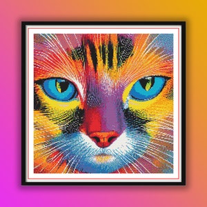 May include: Close-up of a colorful cat's face with bright blue eyes. The cat's fur is a mix of orange, yellow, red, and purple.