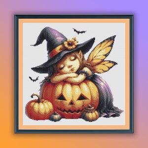 Aquarel slaperige Halloween-fee getelde kruissteek pdf-patroon, Halloween-pompoenen, moderne kruissteekkaart, handborduurwerk