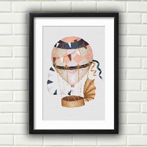 Hot Air Balloon Cross Stitch PDF Pattern, City of Hot Air Balloon Cross Stitch Pattern, Landscape Cross Stitch, Modern Counted Cross Stitch