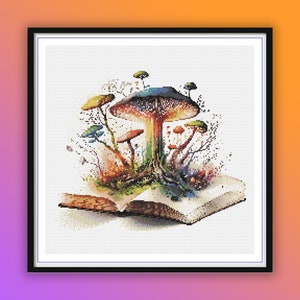 Puede incluir: Una ilustración colorida de hongos que crecen fuera de un libro abierto. Los hongos son de varios tonos de verde, azul, rojo y naranja. El libro es marrón y tiene una página blanca.
