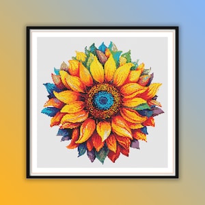 Watercolor Hippie Rainbow Sunflower Counted Cross Stitch PDF Pattern, Modern Cross Stitch Chart, Hand Embroidery