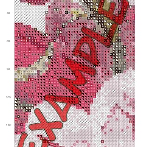 May include: A cross-stitch pattern featuring a red, white and pink floral design with the word "LOVE" in red. The pattern is on a grid with numbers and symbols.